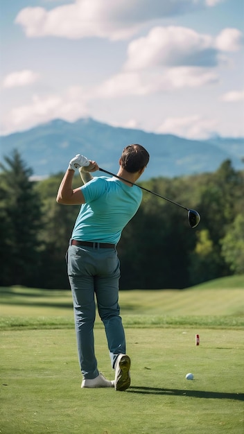 Photo back view man playing golf in nature