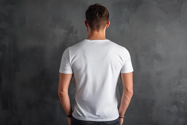 Photo back view of man in tshirt with copy space isolated on grey