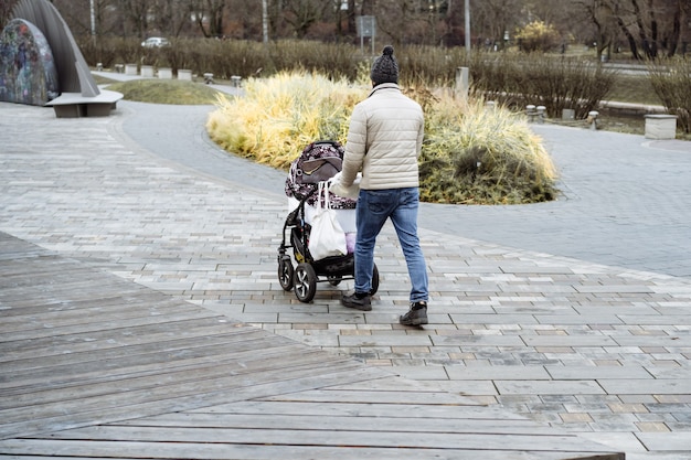 back view of man walking with baby carriage in park