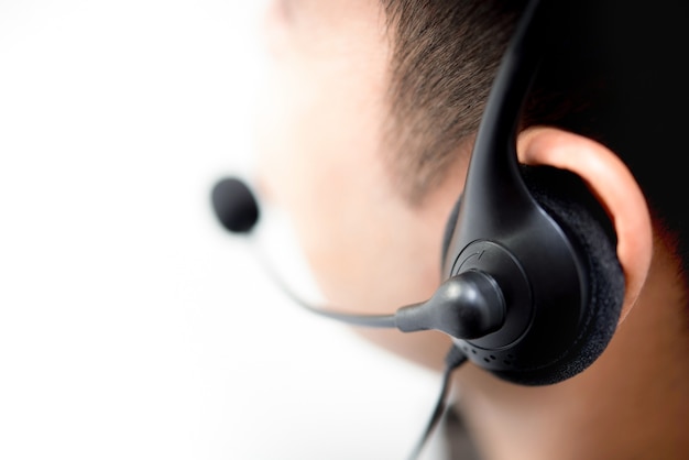 Back view of a man wearing microphone headset