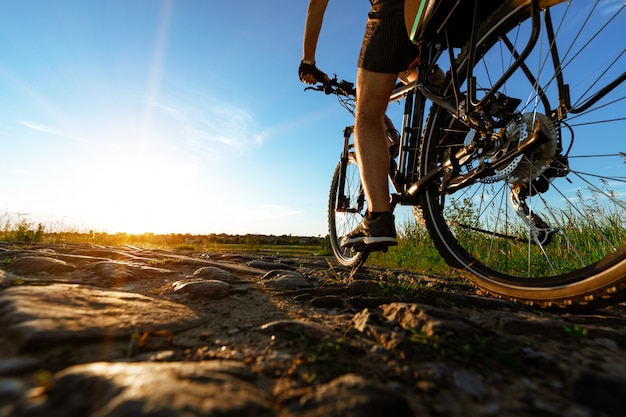 Back view of a man with a bicycle against the blue sky.