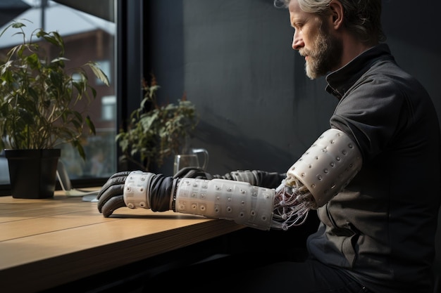 Back view of a man with a prosthetic hand using