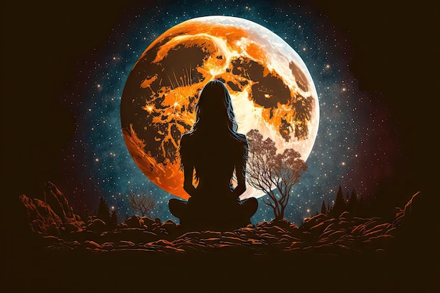 Back view of meditating woman at night on huge orange moon background created with generative ai