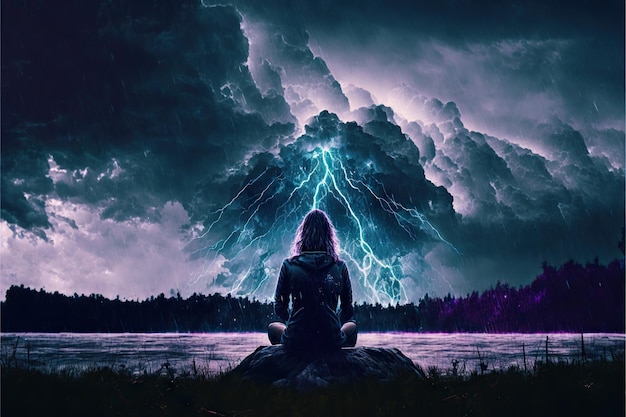 Back view of meditating woman sitting in nature in thunderstorm created with generative ai