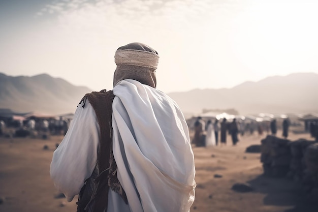 Back View of a Moslem Wearing Arabian Clothes Embarking on a Journey for Hajj Pilgrimage