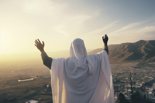 Back View of a Moslem Wearing Arabian Clothes Raising Hands on Peak of Hill