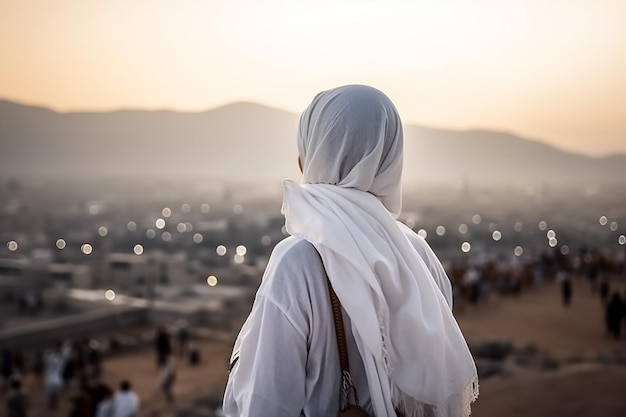 Back View of a Moslem Woman Wearing Arabian Hajj Clothes in Arabian Desert