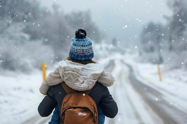 A Back view of mother with child on a winter road