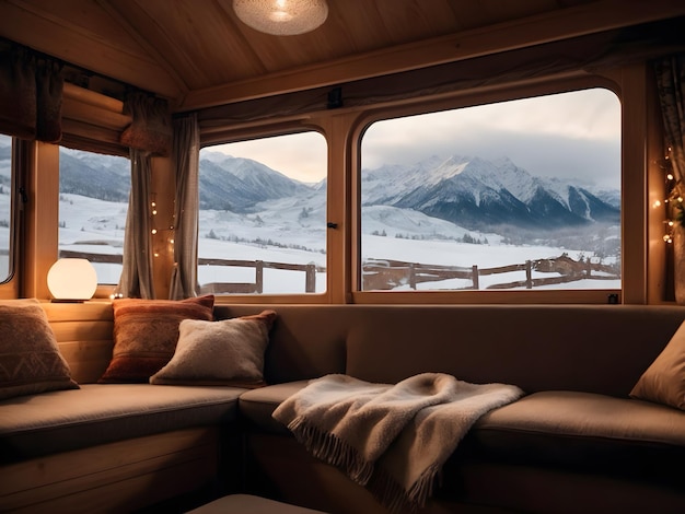 A back view of mountains through windows of a truck home