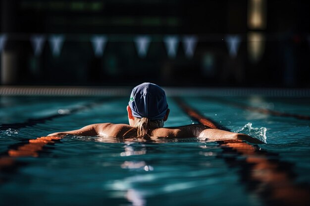 Back view of muscular swimmer in swimming cap and goggles training at swimming pool illustration generative ai