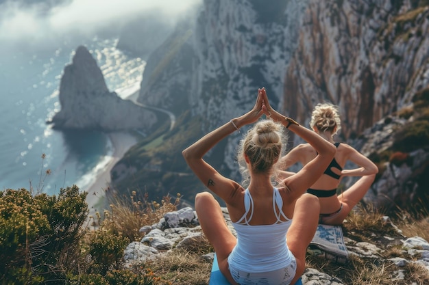 Photo back view people doing yoga together