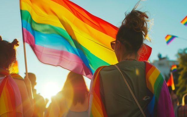 Back view of people with LGBT and rainbow flags on parade in the street