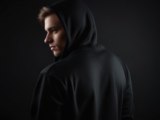 Photo back view of a person in a black hoodie with a dark whaite background