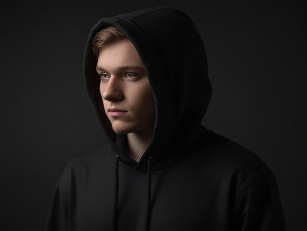 Photo back view of a person in a black hoodie with a dark whaite background