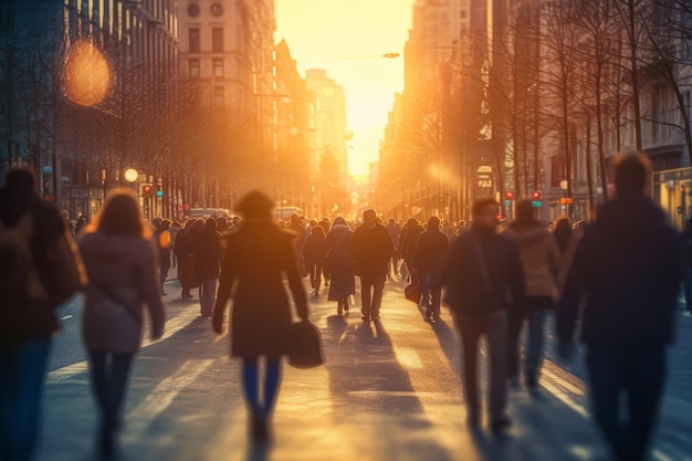 back view photo of Crowd of people walking busy city street backlit blurred background flare