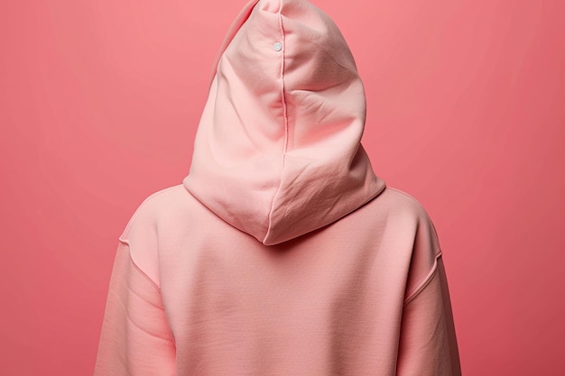 Photo back view of a pink hooded sweatshirt with hood up