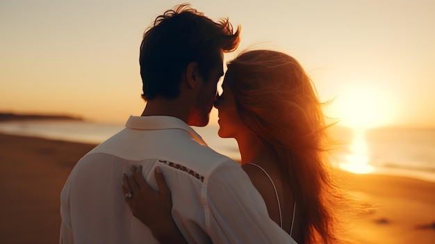 Back view portrait of a white happy couple with sunset on the beach as a background