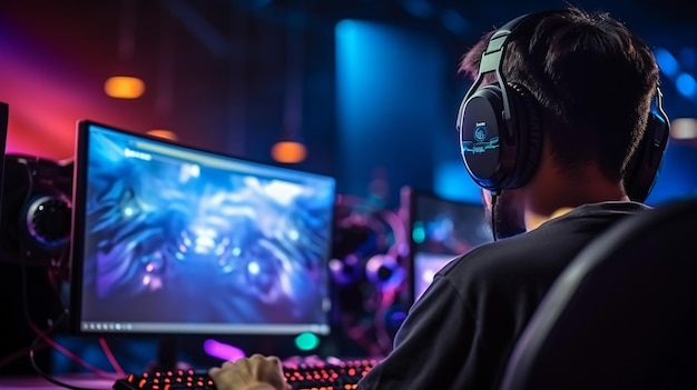 Back view of pro gamer wearing headset