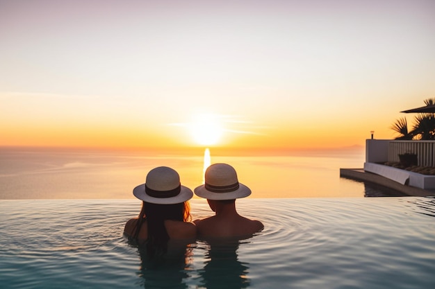 Back view of A romantic couple on summer vacation enjoy the sunset over the sea