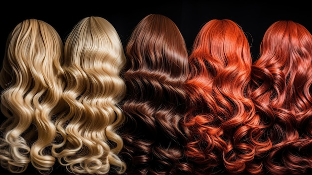 back view of a row of different colored hair extensions wigs on black background