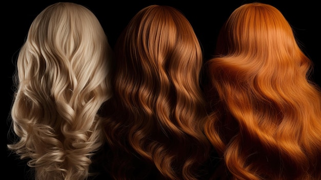 back view of a row of different colored hair extensions wigs on black background