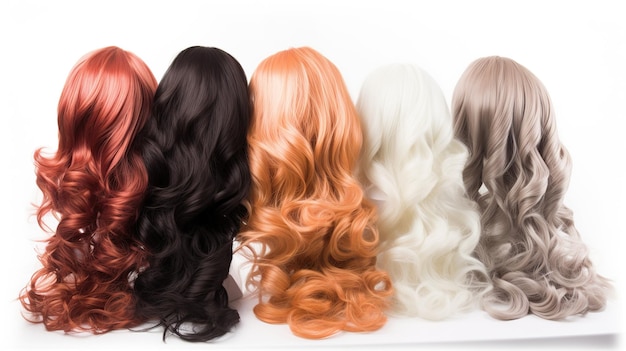 back view of a row of different colored wig extensions on white background