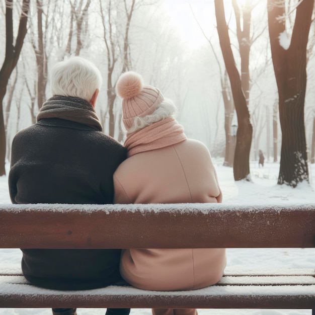 Back view of senior couple sitting on a bench in a winter park ai generative