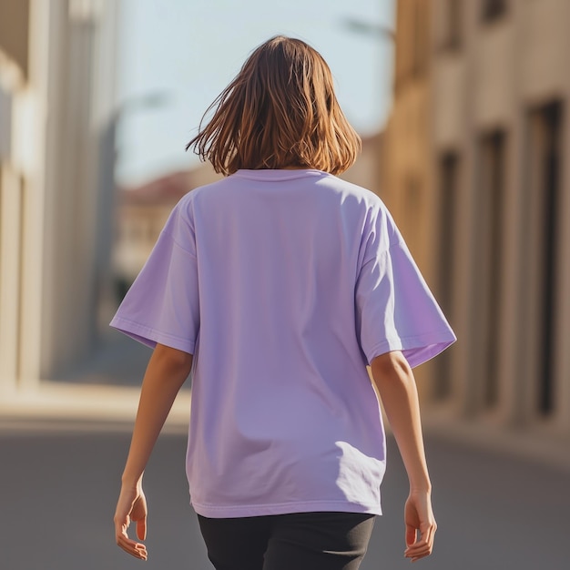 back view shorthair woman wearing oversize lilac tshirt mockup run down street v 61 Job ID b17c391bdf1d41e1997eadf1179f2359