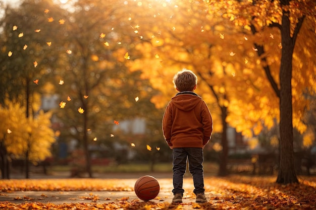 back view of small boy plays with basketball on play ai generative