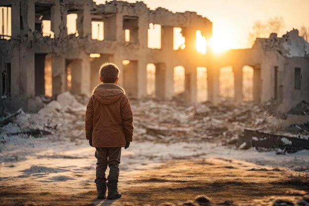 back view of small boy stands in front of the ruins ai generative