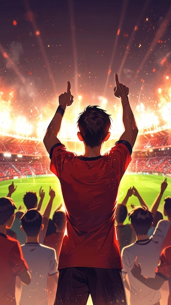 Back view of soccer fans in an animestyle illustration roaring in a stadium