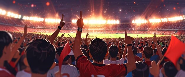 Back view of soccer fans in an animestyle illustration roaring in a stadium