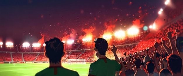 Back view of soccer fans in an animestyle illustration roaring in a stadium