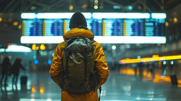 Back view of a solo traveler at an airport facing a large departure board contemplating next destination