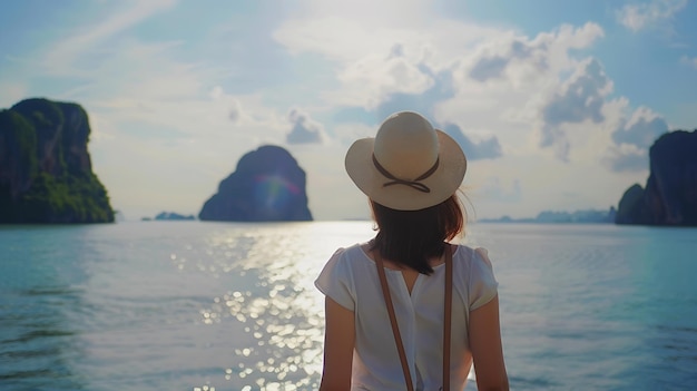 Back view of solo traveler woman enjoying Phang Nga bay view point walking and relax Generative AI