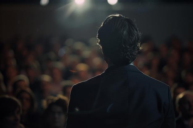 Back view of a speaker at a podium addressing an attentive audience in dim light