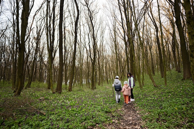 Back view of three kids holding hands with mother walking on forest trail Outdoor spring leisure concept