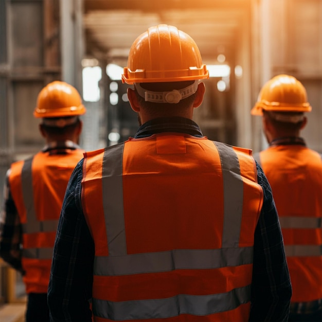 Back view of three men wearing safety helmets