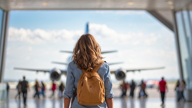 back view of a tourist walking at the airport with a blurry plane in the background