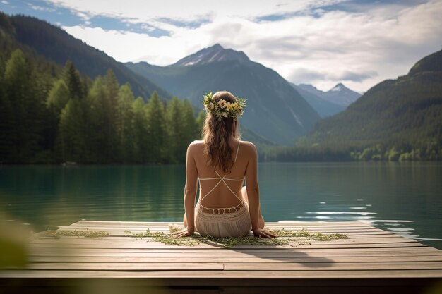 Photo back view of a tranquil scene featuring a young woman seated on a wooden deck