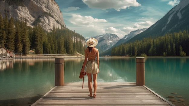 Back view of traveler girl with raised arms standing in front of big cruise liner Generative AI