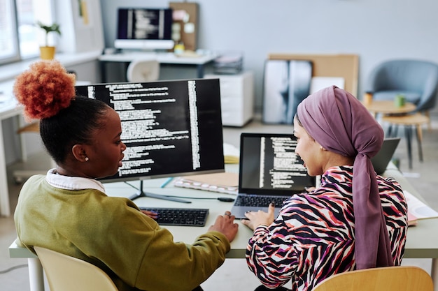 Back view at two female programmers writing code together