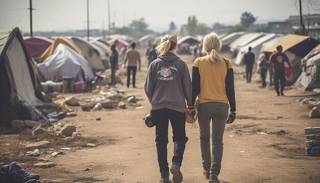 Photo back view of volunteers helping refugees