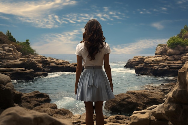 Back view of woman at the beach going in the water