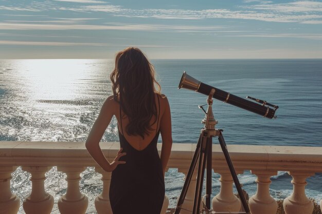 Back view of woman in black dress standing near telescope on a balcony looking at ocean view