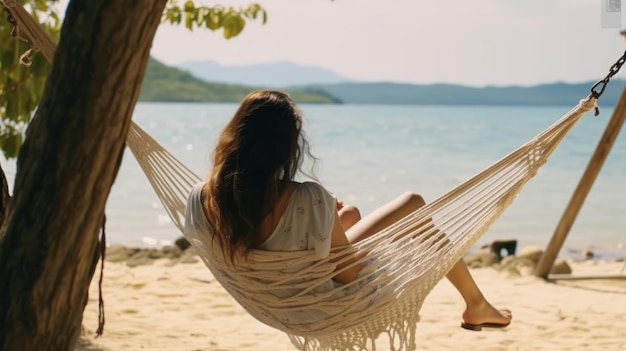 back view of woman fictional relaxing on hammock at the beach