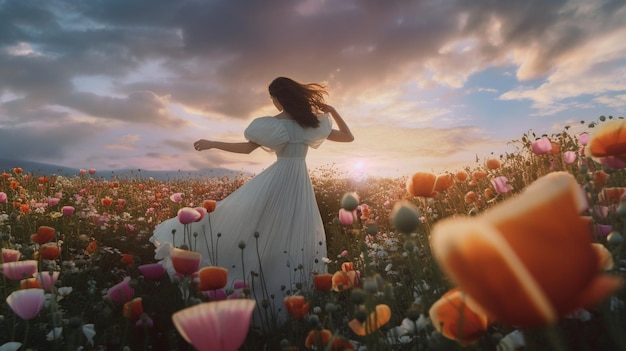 Back view of woman in long white dress walking flower field