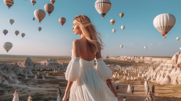 Back view of woman look at cappadocia balloons