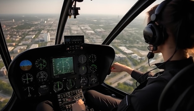 Back view Woman pilot in the cockpit of a helicopter in flight with a view of the city from above AI generated