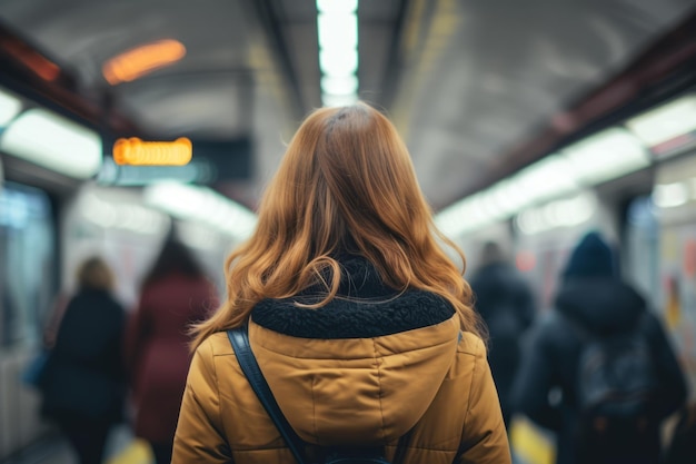 Back view of woman standing at busy subway with blurred background Generative AI